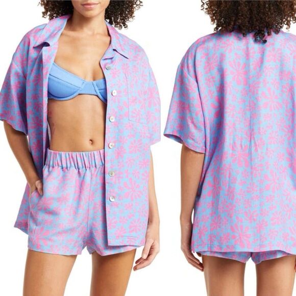 Kulani Kinis Oversized Button-up Linen Blend Cover-up Shirt In Kismet Floral XL - Picture 1 of 9